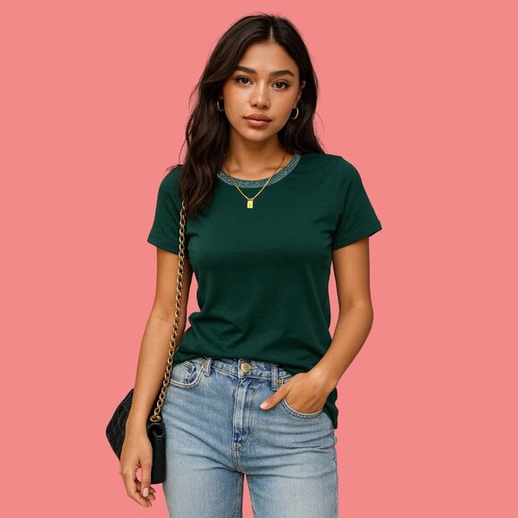 Joe Fresh Dark Green Short Sleeve T-Shirt with Metallic Trim | Size S - Picture 1 of 7